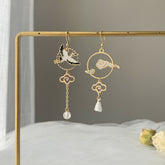 Crane Earrings with White Clouds and Waves - Sun and Cloud Japanese Asymmetrical Asymmetrical unique earrings Dangle - Oriental earrings